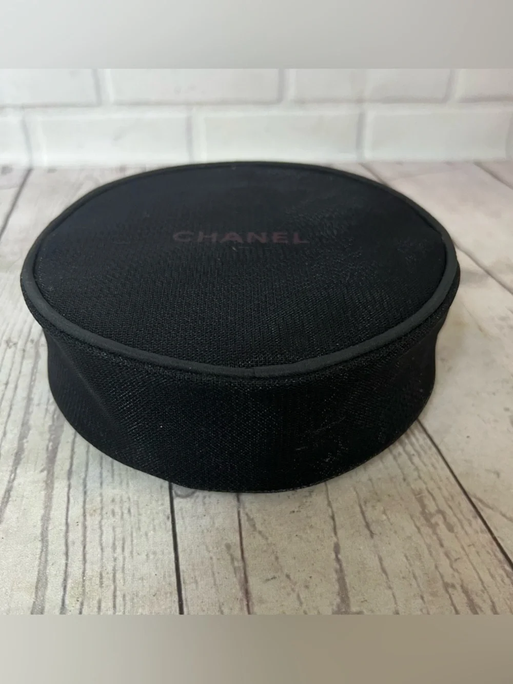 CHANEL Black Round Mesh Cosmetic Zip Bag.